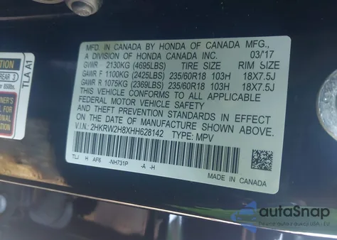 2017 Honda Cr-V Ex-L/Ex-L Navi из США, поврежденный, VIN 2HKRW2H8XHH628142